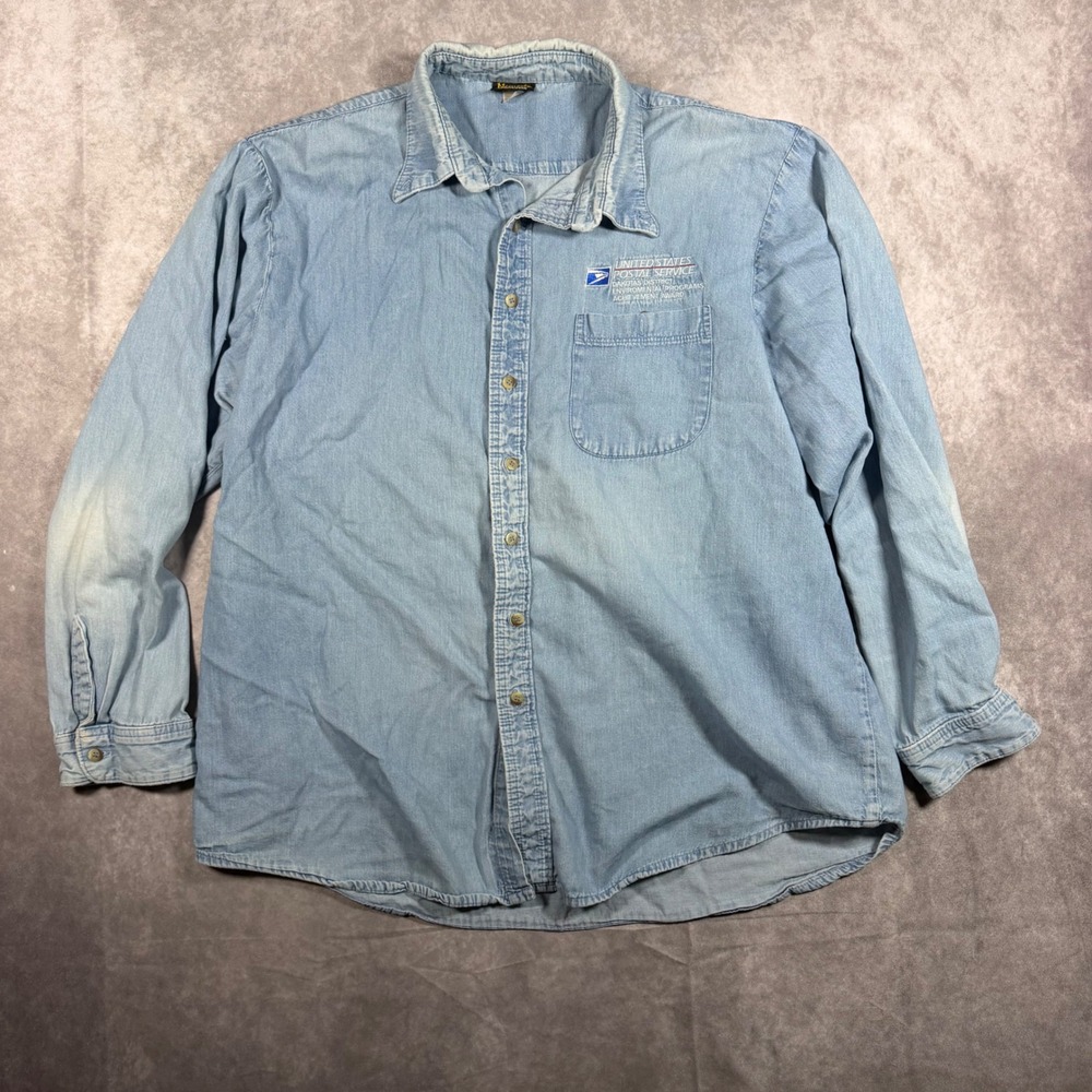 Vintage Nemesis Sportswear USPS Denim Shirt Mens 2XL Blue Long Sleeve USA Made
